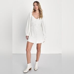 Ideal Impression Ivory Balloon Sleeve Belted Mini Dress